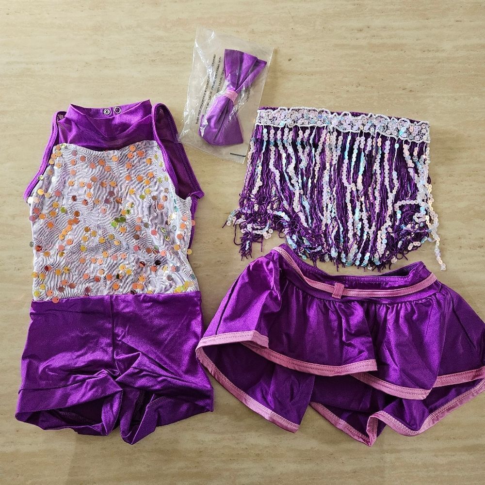 Weissman NWOT child small dance costume mix and match purple sequin Fringe jazz